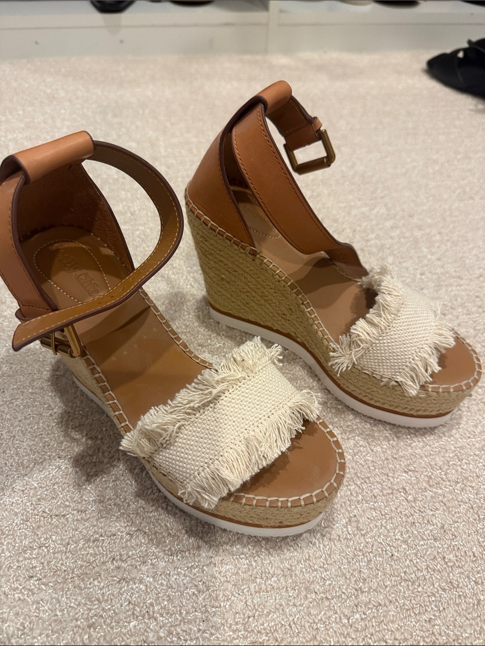 See By Chloé Tan and Cream Frayed Espadrille Wedge Sandals